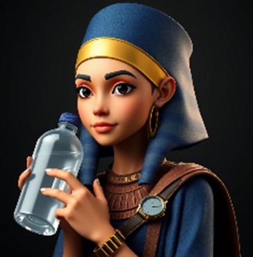 A 3D-style digital illustration of a young woman dressed in ancient Egyptian-inspired attire, including a blue headdress and gold jewelry. In a humorous or anachronistic twist, she is holding a modern plastic water bottle and wearing a wristwatch.